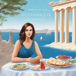 Create a book cover featuring women and a handsome sailor sitting at a table with Greek food