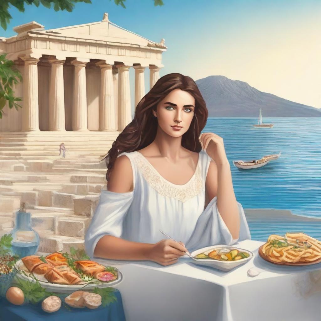 Create a book cover featuring women and a handsome sailor sitting at a table with Greek food