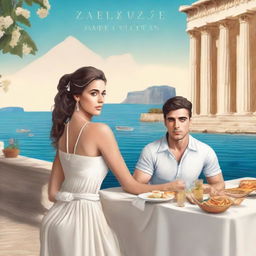 Create a book cover featuring women and a handsome sailor sitting at a table with Greek food