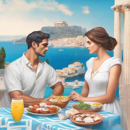 Create a book cover featuring women and a handsome sailor sitting at a table with Greek food