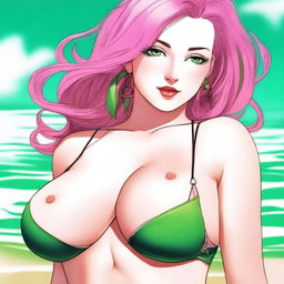 A woman with pink hair, green eyes, a very fine face, and very large breasts wearing a bikini