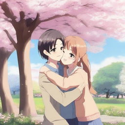 A heartwarming scene in anime style showing a boy being hugged by his best friend and his best girlfriend