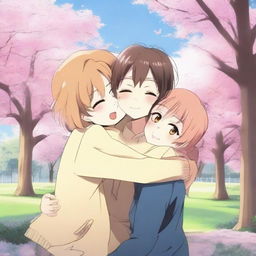 A heartwarming scene in anime style showing a boy being hugged by his best friend and his best girlfriend