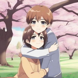 A heartwarming scene in anime style showing a boy being hugged by his best friend and his best girlfriend