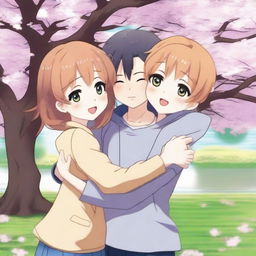 A heartwarming scene in anime style showing a boy being hugged by his best friend and his best girlfriend