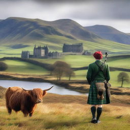 Create an image featuring a picturesque Scottish landscape with rolling green hills, a serene loch, and a classic Scottish castle in the background