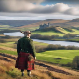 Create an image featuring a picturesque Scottish landscape with rolling green hills, a serene loch, and a classic Scottish castle in the background