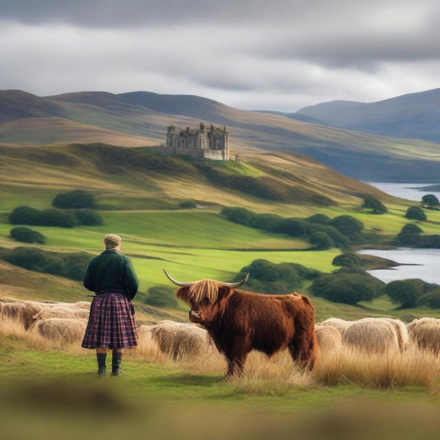 Create an image featuring a picturesque Scottish landscape with rolling green hills, a serene loch, and a classic Scottish castle in the background