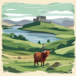 Create an image featuring a picturesque Scottish landscape with rolling green hills, a serene loch, and a classic Scottish castle in the background