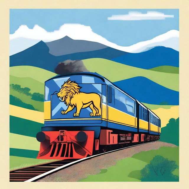 Create an image of a train adorned with the Lion Rampant Flag of Scotland