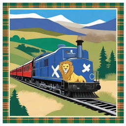 Create an image of a train adorned with the Lion Rampant Flag of Scotland