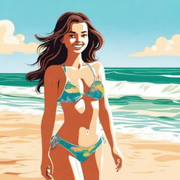 A classic girl wearing a bikini, standing by the beach with the ocean waves in the background