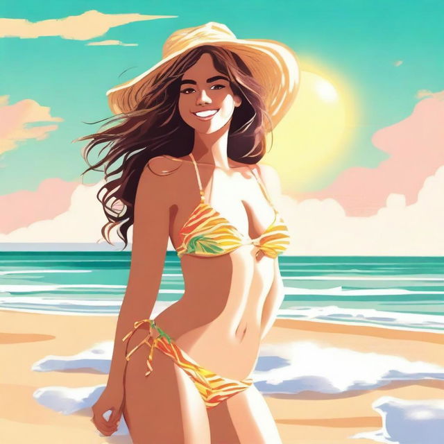 A classic girl wearing a bikini, standing by the beach with the ocean waves in the background