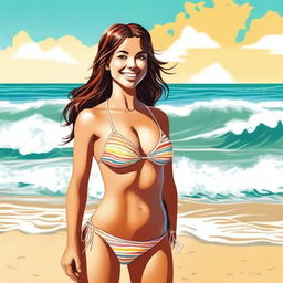 A classic girl wearing a bikini, standing by the beach with the ocean waves in the background