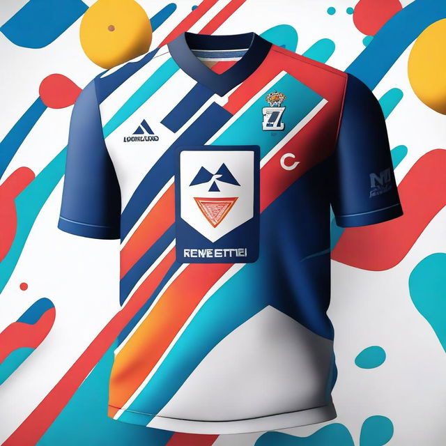 A detailed image of a sports jersey, showcasing vibrant colors, unique design patterns, and a prominent team logo in the center