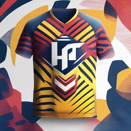 A detailed image of a sports jersey, showcasing vibrant colors, unique design patterns, and a prominent team logo in the center