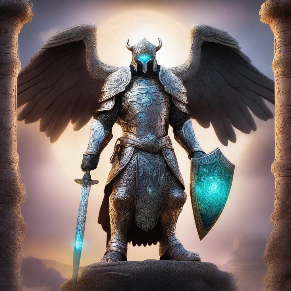 A majestic and powerful guardian standing tall with a glowing aura
