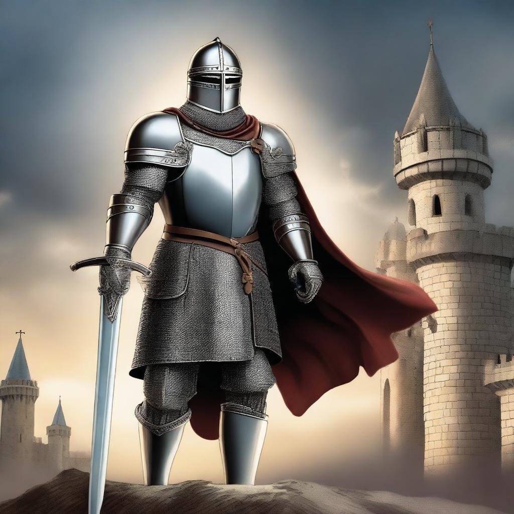 A detailed illustration of a medieval Templar knight in full armor, standing in a heroic pose with a sword and shield