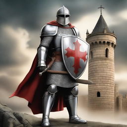 A detailed illustration of a medieval Templar knight in full armor, standing in a heroic pose with a sword and shield