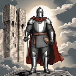 A detailed illustration of a medieval Templar knight in full armor, standing in a heroic pose with a sword and shield