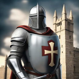 A detailed illustration of a medieval Templar knight in full armor, standing in a heroic pose with a sword and shield