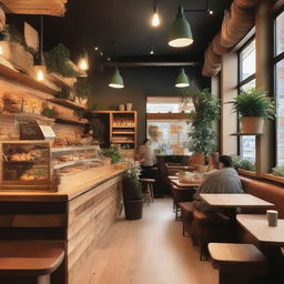 A cozy and welcoming cafe with wooden furniture, warm lighting, and a variety of pastries on display