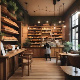 A cozy and welcoming cafe with wooden furniture, warm lighting, and a variety of pastries on display