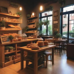 A cozy and welcoming cafe with wooden furniture, warm lighting, and a variety of pastries on display