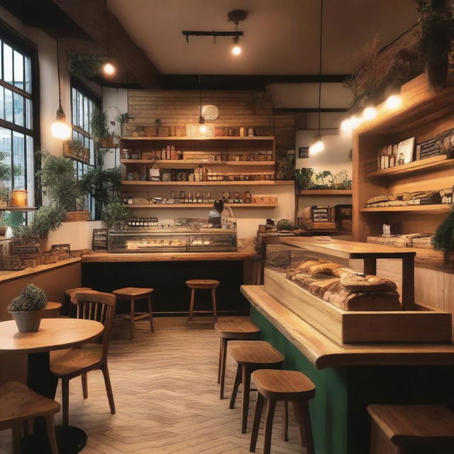 A cozy and welcoming cafe with wooden furniture, warm lighting, and a variety of pastries on display