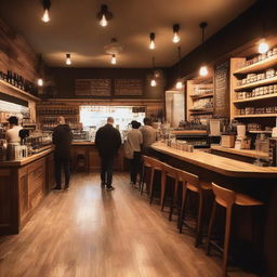 A cozy coffee shop with warm lighting, wooden furniture, and shelves filled with various coffee beans and mugs