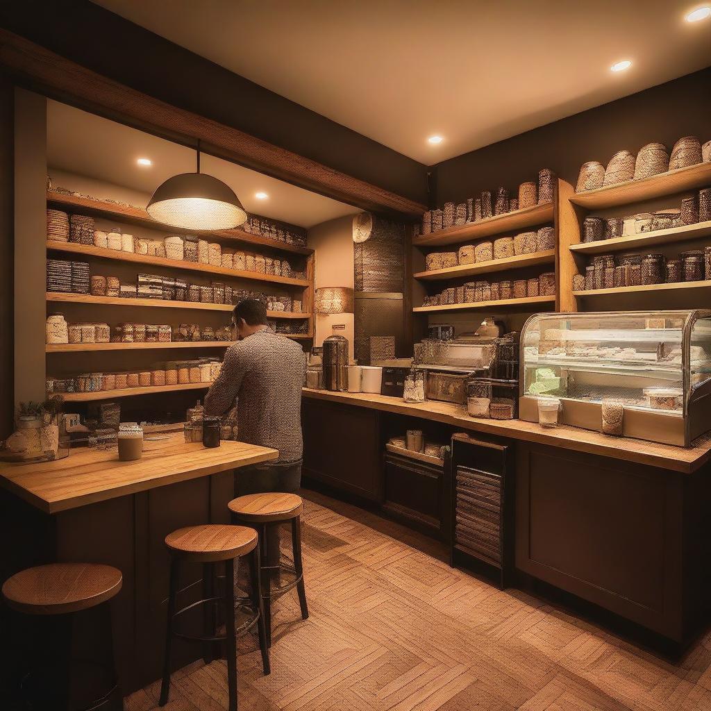 A cozy coffee shop with warm lighting, wooden furniture, and shelves filled with various coffee beans and mugs