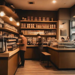 A cozy coffee shop with warm lighting, wooden furniture, and shelves filled with various coffee beans and mugs