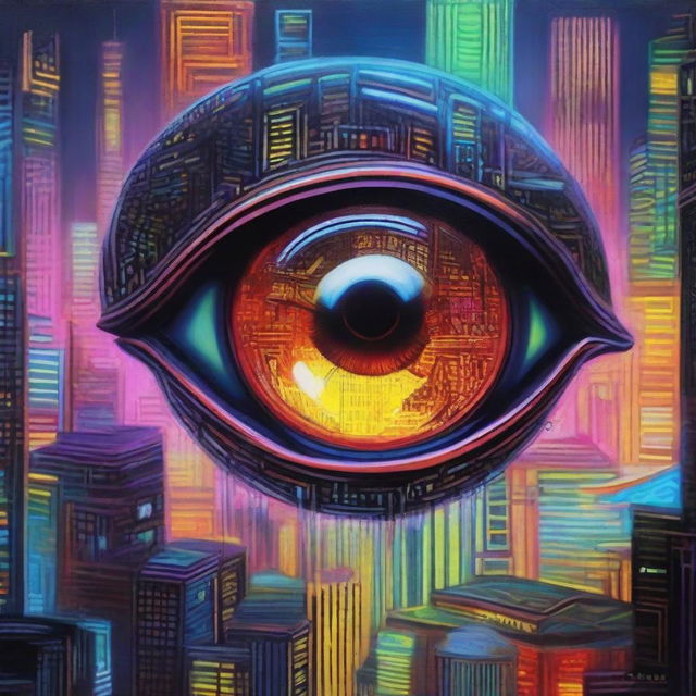 An oil painting depicting a cyberpunk-styled eyeball