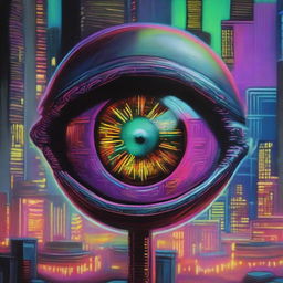 An oil painting depicting a cyberpunk-styled eyeball