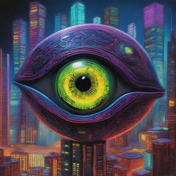 An oil painting depicting a cyberpunk-styled eyeball