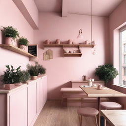 A cozy coffee shop interior with pink and wooden details