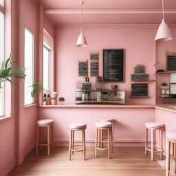 A cozy coffee shop interior with pink and wooden details