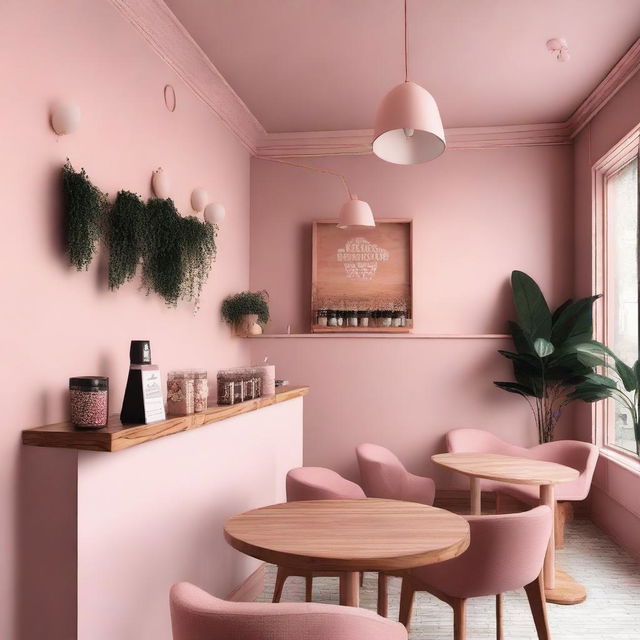 A cozy coffee shop interior with pink and wooden details