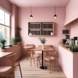 A cozy coffee shop interior with pink and wooden details