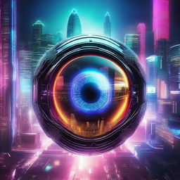 A cyber-themed image featuring a highly detailed eyeball as the main focus