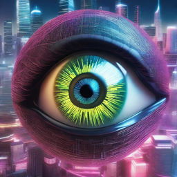 A cyber-themed image featuring a highly detailed eyeball as the main focus