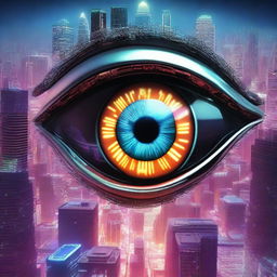 A cyber-themed image featuring a highly detailed eyeball as the main focus