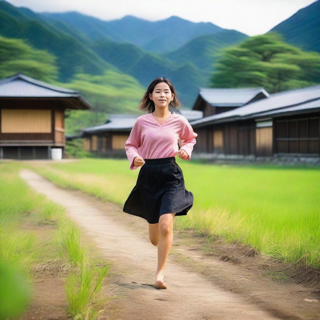 A girl wearing a black skirt and pink top running barefoot in a green field of a traditional Japanese village