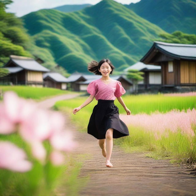 A girl wearing a black skirt and pink top running barefoot in a green field of a traditional Japanese village