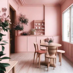 A charming cafe interior with pink and wooden details, adorned with flowers