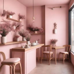 A charming cafe interior with pink and wooden details, adorned with flowers