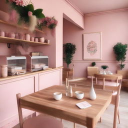 A charming cafe interior with pink and wooden details, adorned with flowers