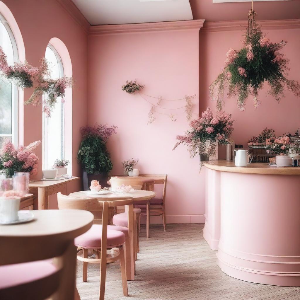 A charming cafe interior with pink and wooden details, adorned with flowers