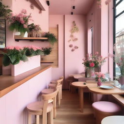 A charming cafe interior with pink and wooden details, adorned with flowers and featuring a mezzanine