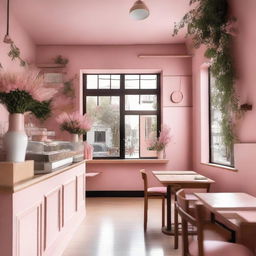 A charming cafe interior with pink and wooden details, adorned with flowers and featuring a mezzanine